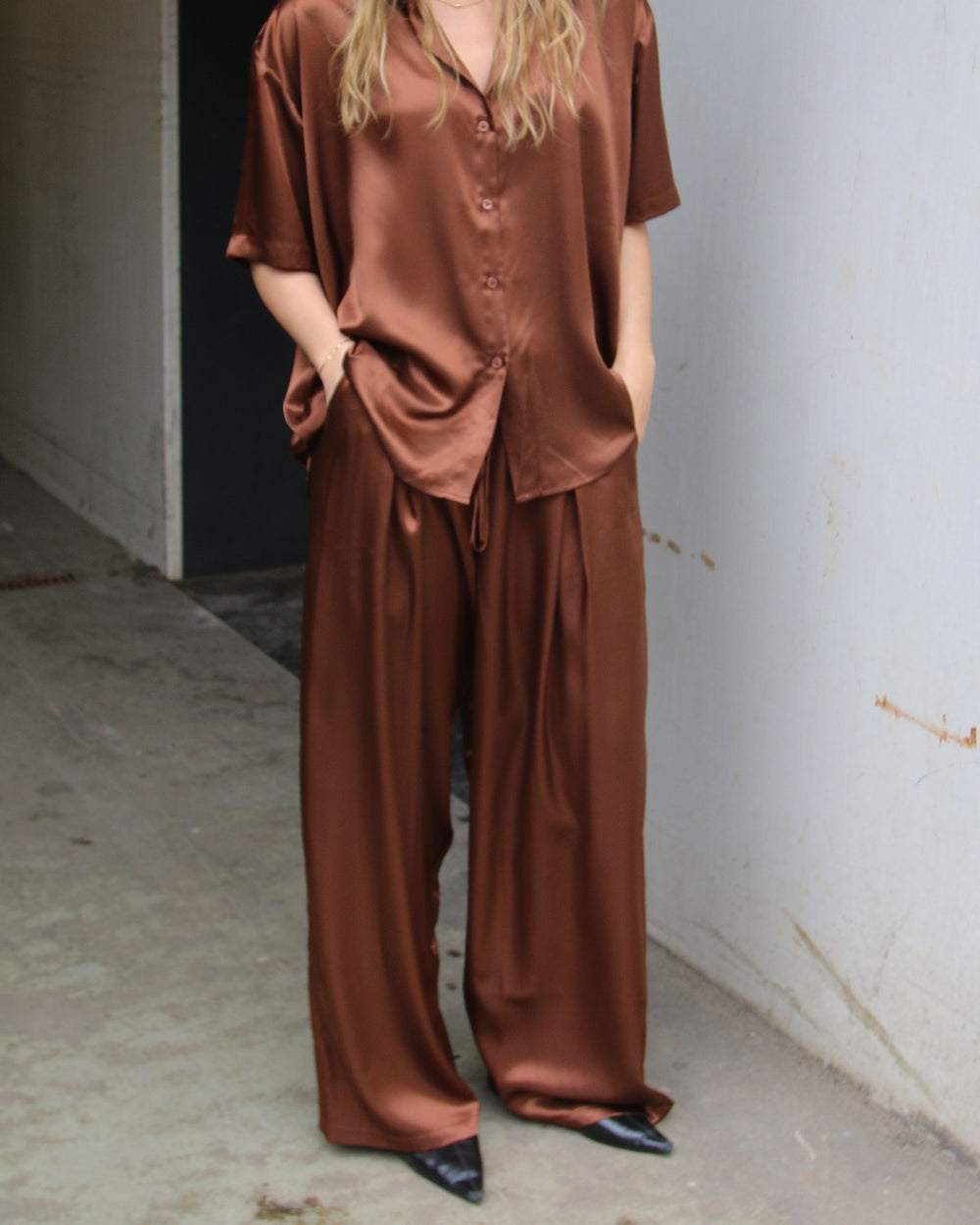 Pleated Wide Leg Silk Pant