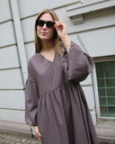 Long Bubble Sleeve V-Neck Dress